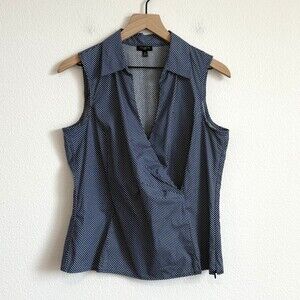 Talbots Polka Dot Faux Wrap Blouse Sleeveless Collared Navy Blue 12P Preppy Mod